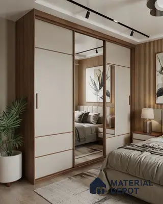 Modern bedroom with beige and walnut brown wardrobe, mirror shutters, and fluted wood wall panels | Material Depot
