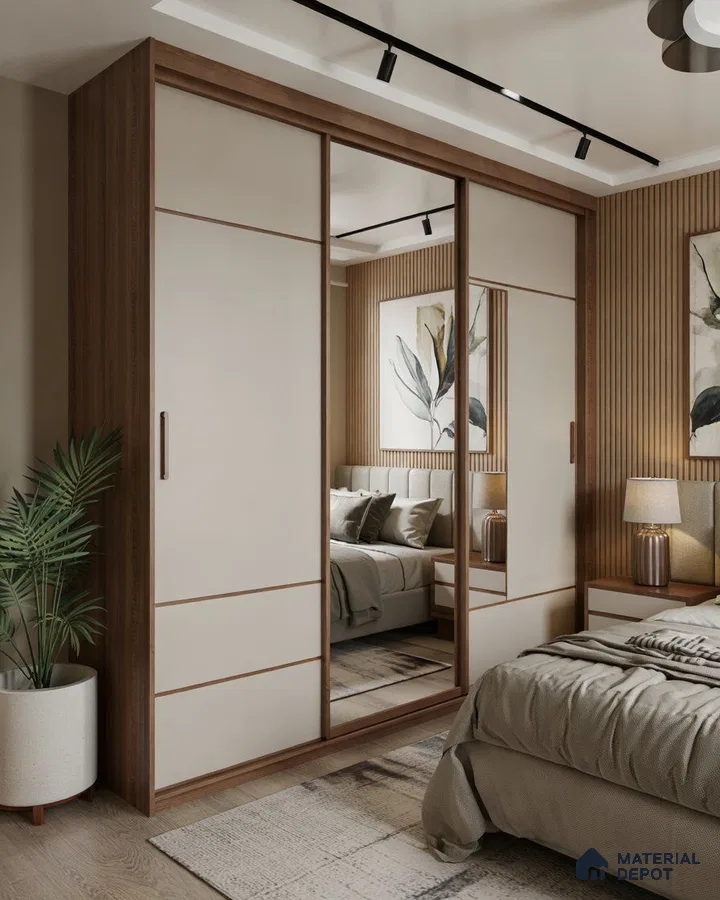 Modern bedroom with beige and walnut brown wardrobe, mirror shutters, and fluted wood wall panels | Material Depot