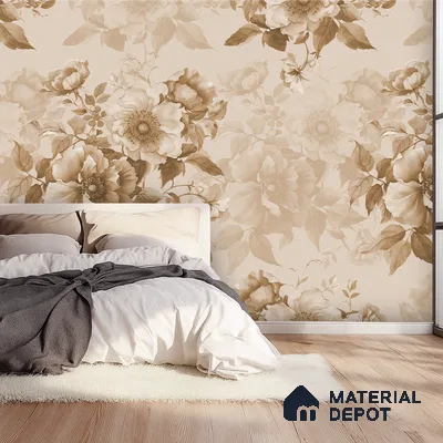 Modern bedroom with beige floral wallpaper and light oak wooden flooring in Bengaluru