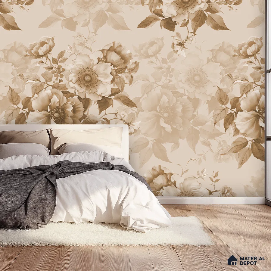 Modern bedroom with beige floral wallpaper and light oak wooden flooring in Bengaluru