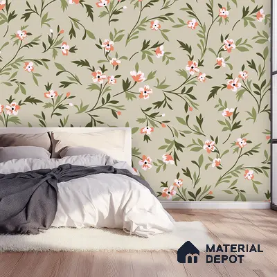 Modern bedroom with beige floral wallpaper and light wood flooring in Bengaluru