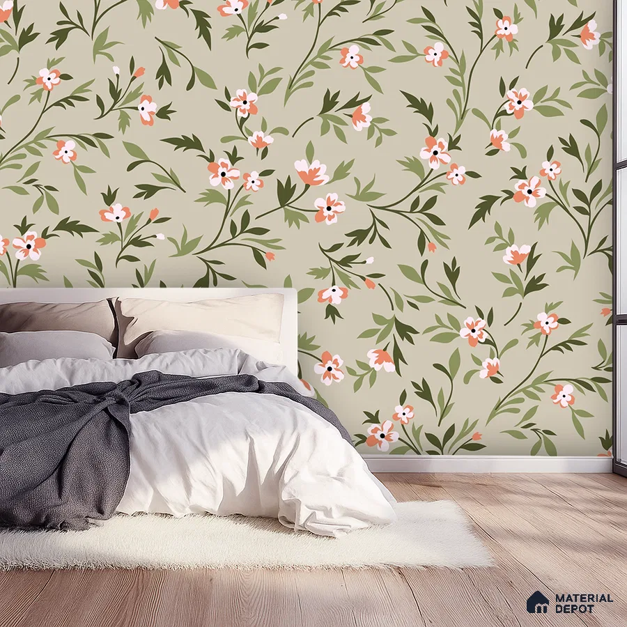 Modern bedroom with beige floral wallpaper and light wood flooring in Bengaluru