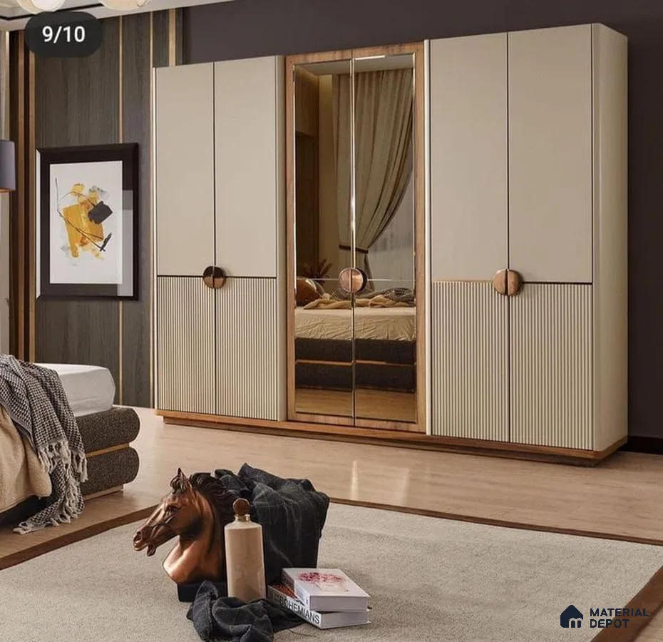 Modern bedroom with beige fluted laminate wardrobe, mirrored shutters, and walnut wood accents | Material Depot