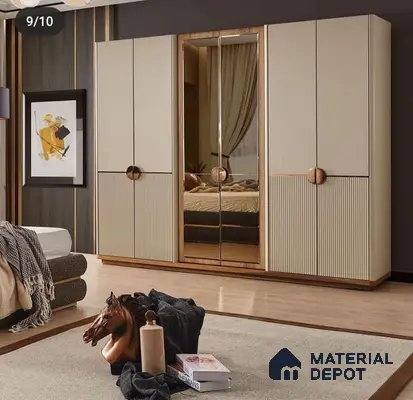 Modern bedroom with beige fluted laminate wardrobe, mirrored shutters, and walnut wood accents | Material Depot