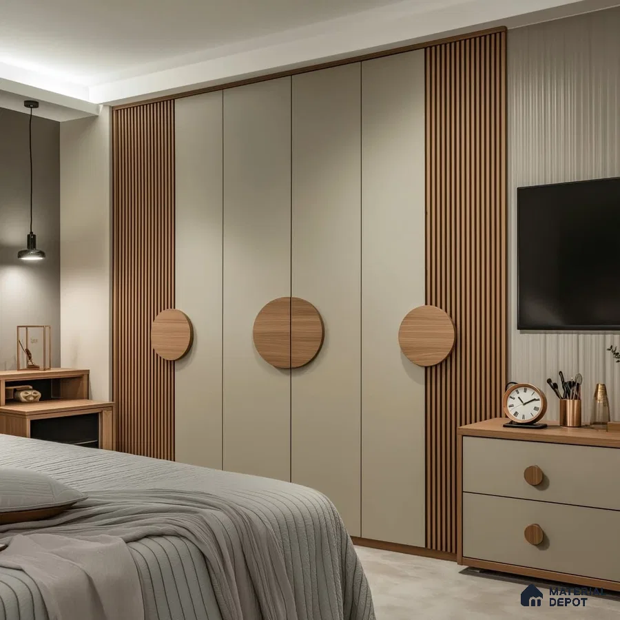 Modern bedroom with beige solid color laminate wardrobe, oak wood fluted panels, and matte beige laminate dresser | Material Depot
