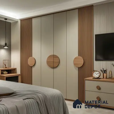 Modern bedroom with beige solid color laminate wardrobe, oak wood fluted panels, and matte beige laminate dresser | Material Depot