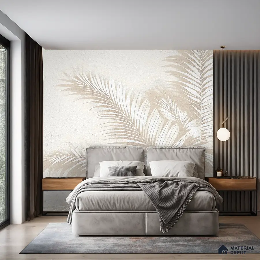 Modern bedroom with beige tropical wallpaper, grey suede upholstered bed, and wood accent nightstands in Bengaluru
