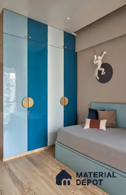 Modern bedroom with blue and white high gloss laminate wardrobe and light wood flooring | Material Depot