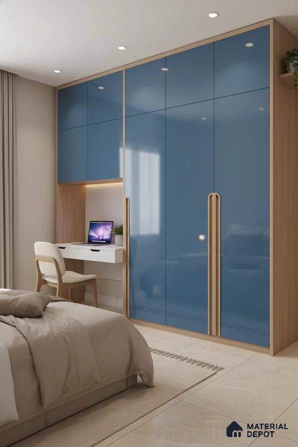 Modern bedroom with blue high gloss laminate wardrobe and beige marble floor tiles in Bengaluru
