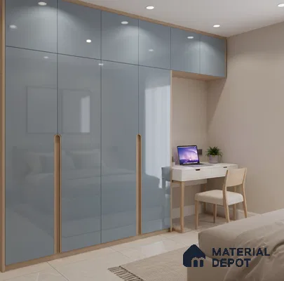 Modern bedroom with blue high gloss laminate wardrobe and beige tile flooring in Bengaluru