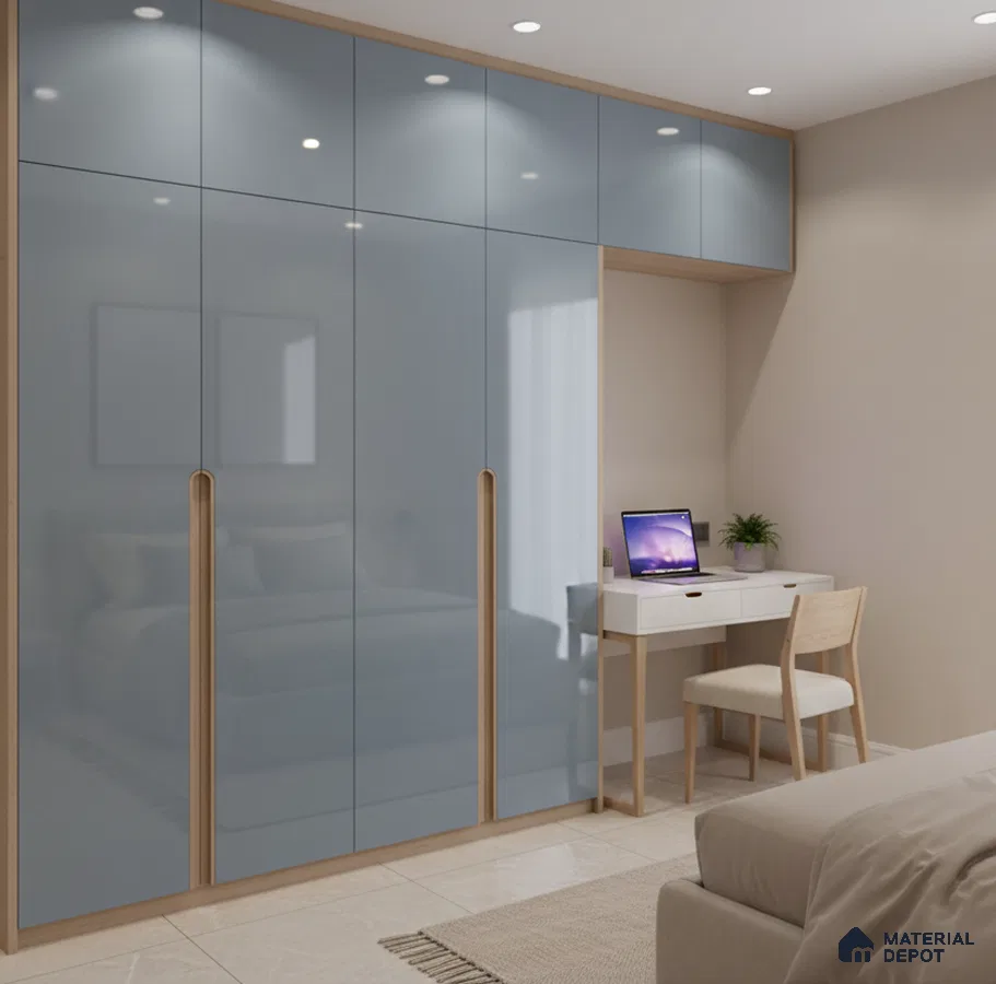 Modern bedroom with blue high gloss laminate wardrobe and beige tile flooring in Bengaluru