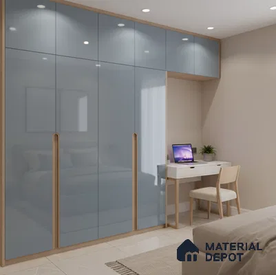 Modern bedroom with blue high gloss laminate wardrobe and beige tile flooring in Bengaluru