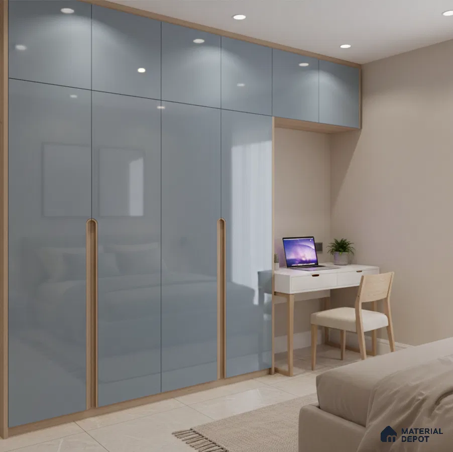 Modern bedroom with blue high gloss laminate wardrobe and beige tile flooring in Bengaluru