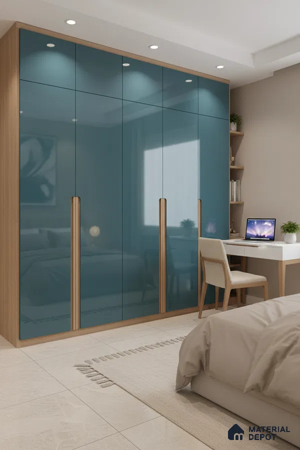 Modern bedroom with blue high gloss laminate wardrobe and light oak finish in Bengaluru