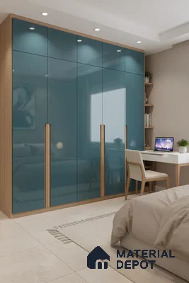 Modern bedroom with blue high gloss laminate wardrobe and light oak finish in Bengaluru