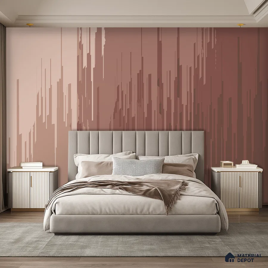 Modern bedroom with blush pink geometric wallpaper and suede upholstered bed in Bengaluru