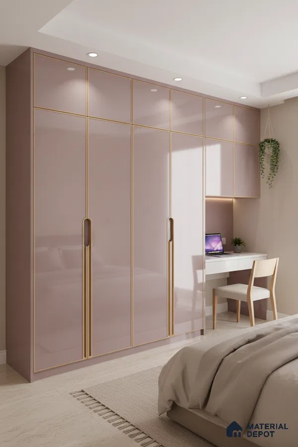 Modern bedroom with blush pink high gloss laminate wardrobe and beige tile flooring in Bengaluru