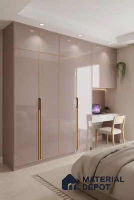 Modern bedroom with blush pink high gloss laminate wardrobe and beige tile flooring in Bengaluru