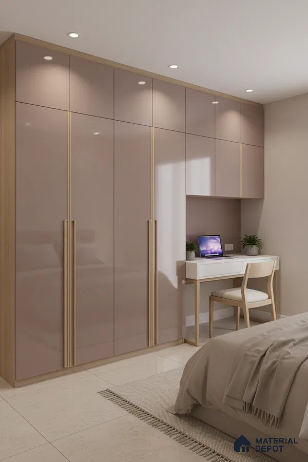 Modern bedroom with blush pink high gloss laminate wardrobe and light oak accents in Bengaluru