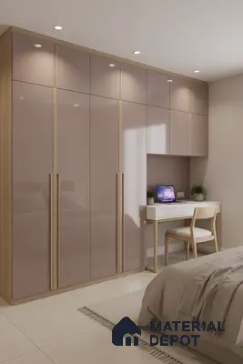 Modern bedroom with blush pink high gloss laminate wardrobe and light oak accents in Bengaluru