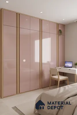 Modern bedroom with blush pink high gloss laminate wardrobe and light oak accents in Bengaluru