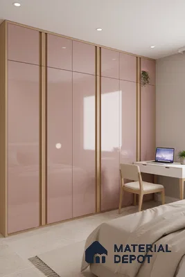 Modern bedroom with blush pink high gloss laminate wardrobe and light oak accents in Bengaluru