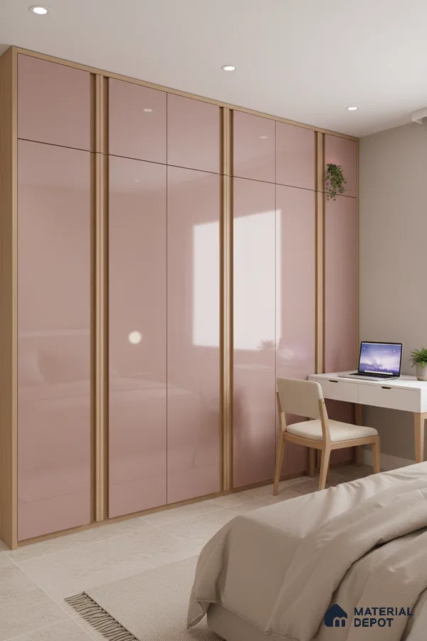 Modern bedroom with blush pink high gloss laminate wardrobe and light oak accents in Bengaluru