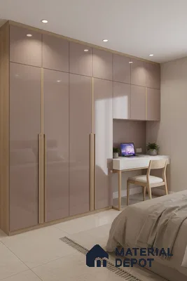 Modern bedroom with blush pink high gloss laminate wardrobe and light oak accents in Bengaluru