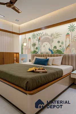 Modern bedroom with chinoiserie wallpaper, fluted wood panels, and suede upholstered bed back in Prestige Kew Gardens Bellandur 3 BHK Bengaluru Apartment