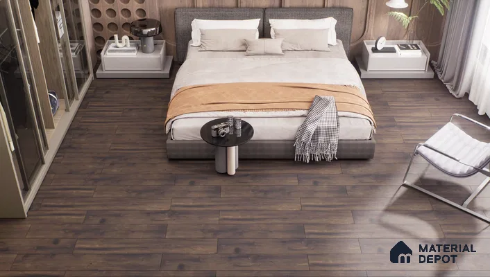 Modern Bedroom with Dark Wood Flooring and Cozy Ambiance | Material Depot
