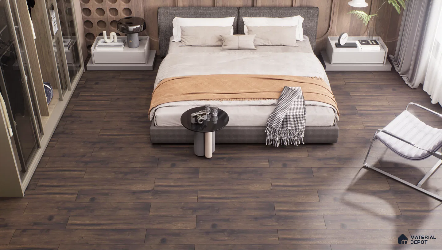 Modern Bedroom with Dark Wood Flooring and Cozy Ambiance | Material Depot