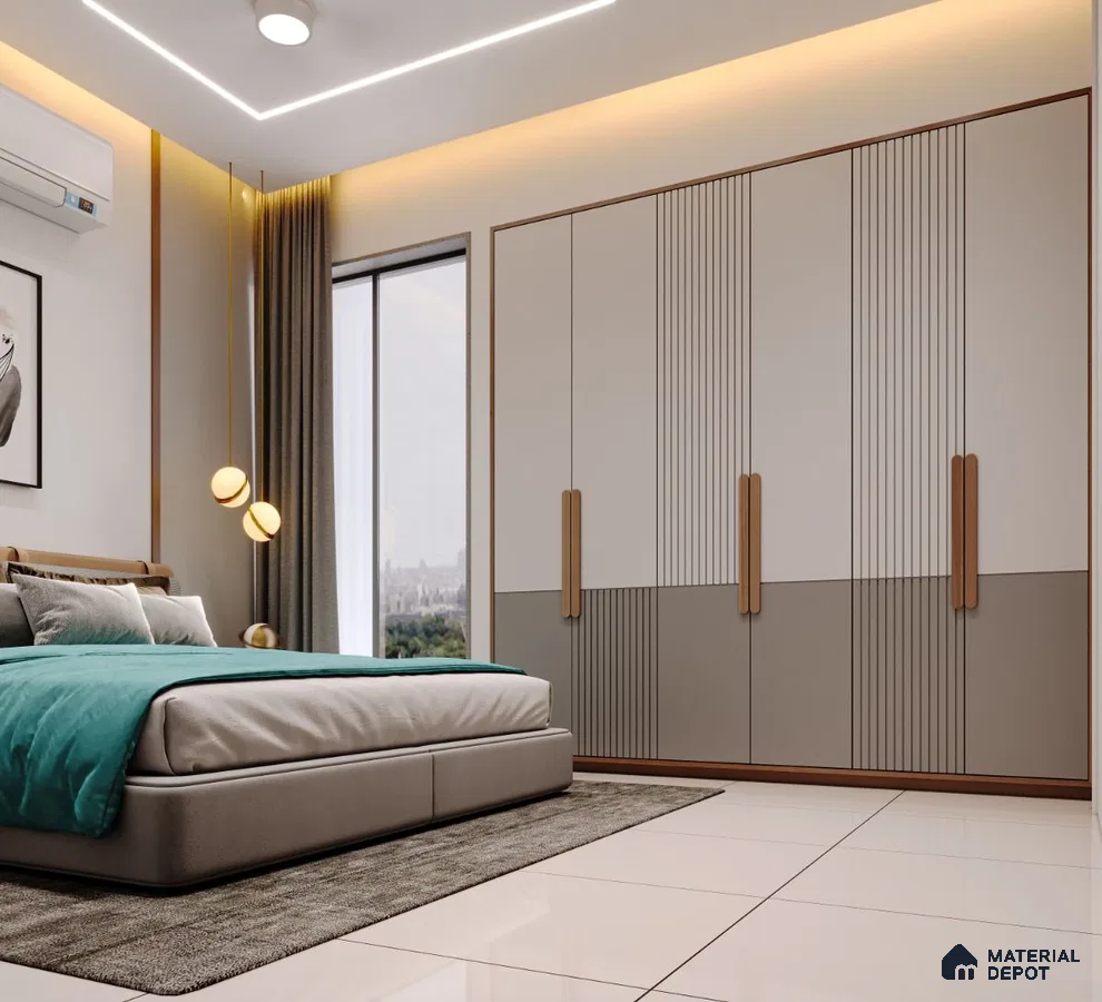 Modern bedroom with dual-tone fluted wardrobe laminate and teal bedding | Material Depot