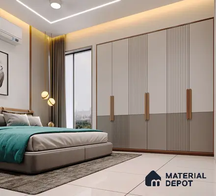 Modern bedroom with dual-tone fluted wardrobe laminate and teal bedding | Material Depot