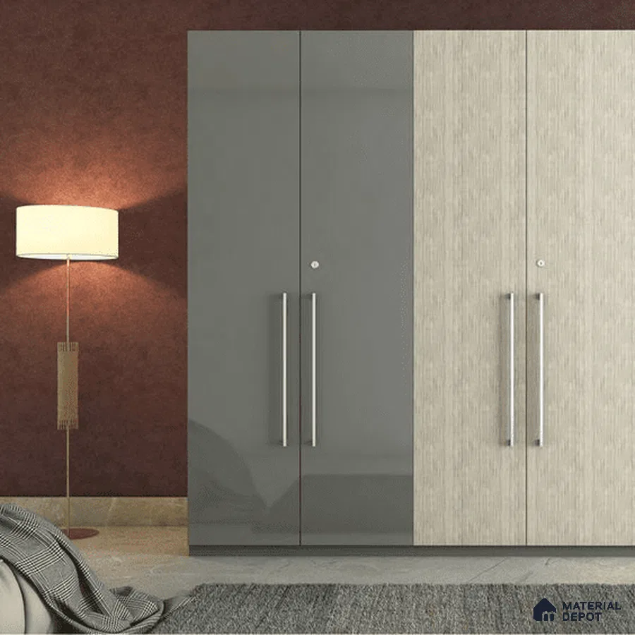 Modern bedroom with dual-tone high gloss grey and textured beige laminate wardrobe | Material Depot