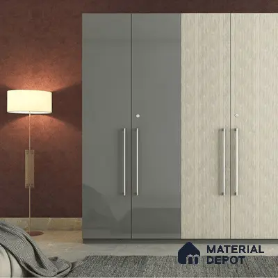 Modern bedroom with dual-tone high gloss grey and textured beige laminate wardrobe | Material Depot