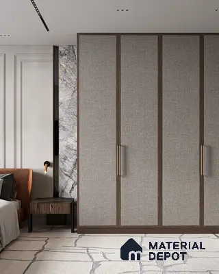 Modern bedroom with fabric textured wardrobe panels, walnut brown trims, and marble accent wall | Material Depot