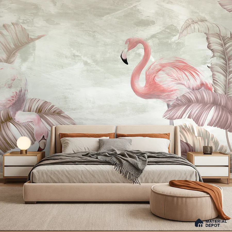 Modern bedroom with flamingo-themed tropical wallpaper and beige suede upholstered bed in Bengaluru