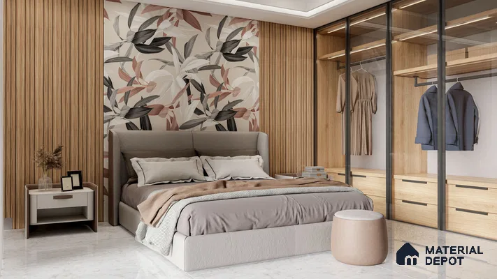 Modern Bedroom with Floral Accent Wall and Wooden Fluted Panels | Material Depot