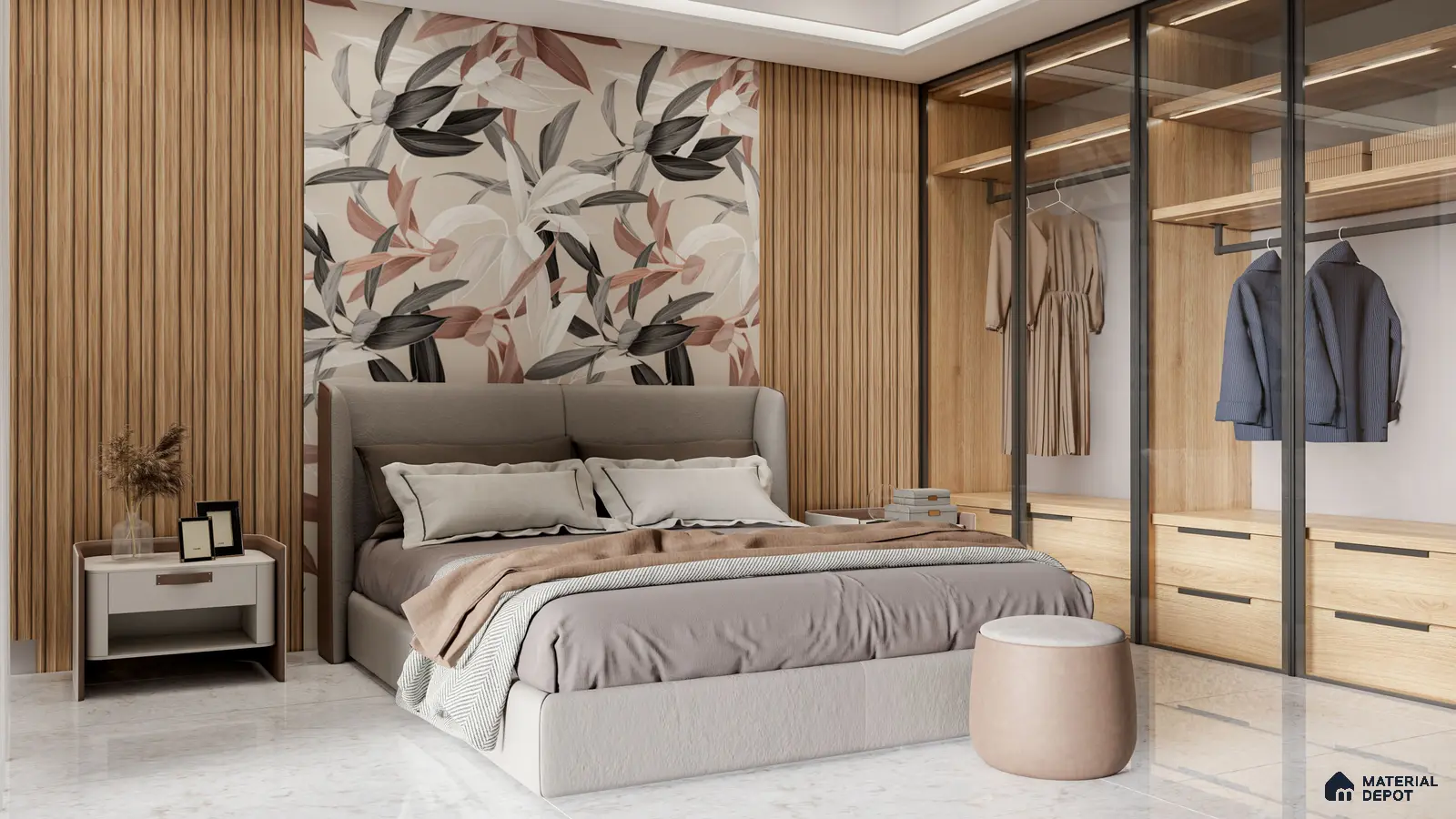 Modern Bedroom with Floral Accent Wall and Wooden Fluted Panels | Material Depot