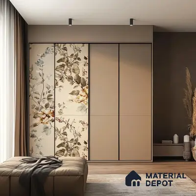 Modern bedroom with floral patterned wardrobe laminate and beige solid color laminate | Material Depot