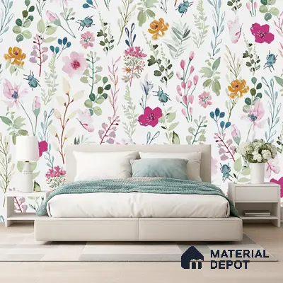 Modern bedroom with floral wallpaper and upholstered bed in Bengaluru