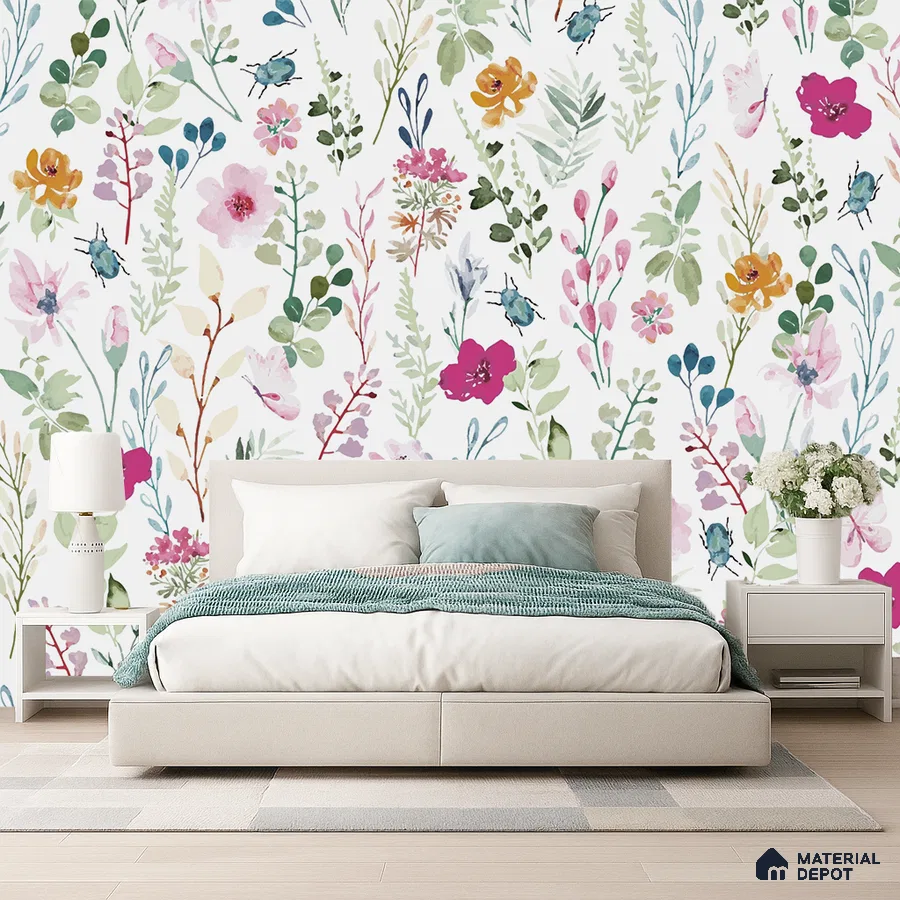 Modern bedroom with floral wallpaper and upholstered bed in Bengaluru