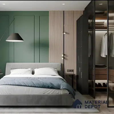 Modern Bedroom with Fluted Panel Accent and Olive Green Wall in 2 BHK Nagarjuna Meadows, Yelahanka | Material Depot