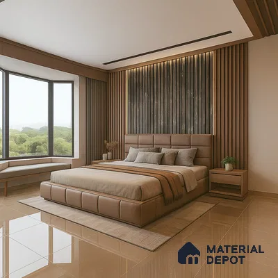Modern bedroom with fluted wall panels and bay window in 3bhk apartment in Durga Petals Marathahalli Bengaluru | Material Depot