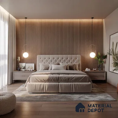 Modern bedroom with fluted wall panels in 2bhk apartment in Durga Petals Marathahalli Bengaluru | Material Depot