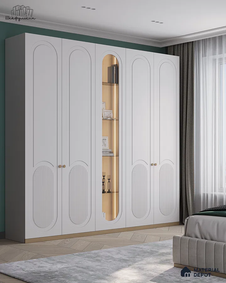 Modern bedroom with frosty white fluted wardrobe and light oak open shelf | Material Depot