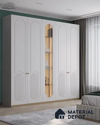 Modern bedroom with frosty white fluted wardrobe and light oak open shelf | Material Depot