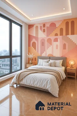 Modern bedroom with geometric accent wall in 3bhk apartment in Durga Petals Marathahalli Bengaluru | Material Depot