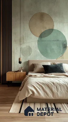 Modern Bedroom Design with Geometric Mural and Wood Paneling Salarpuria Sattva Anugraha Vijayanagar | Material Depot