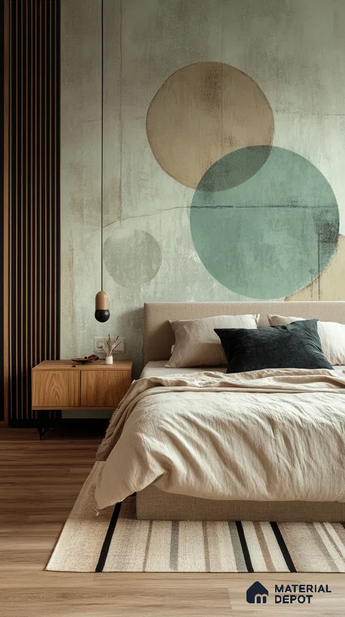 Modern Bedroom Design with Geometric Mural and Wood Paneling Salarpuria Sattva Anugraha Vijayanagar | Material Depot